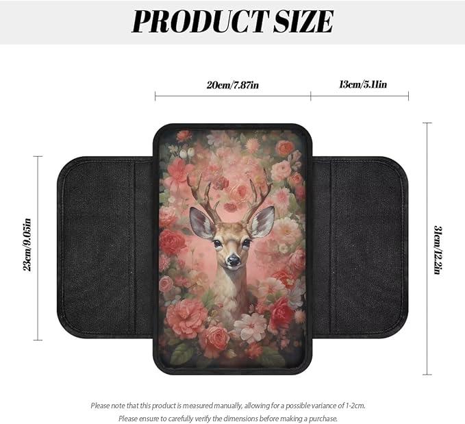Deer and Floral Print Car Armrest Cover Comfortable Car Armrest Storage Box Mat Wear-Resistan Car Armrest Cover Cushion Car Interior Accessories Protector