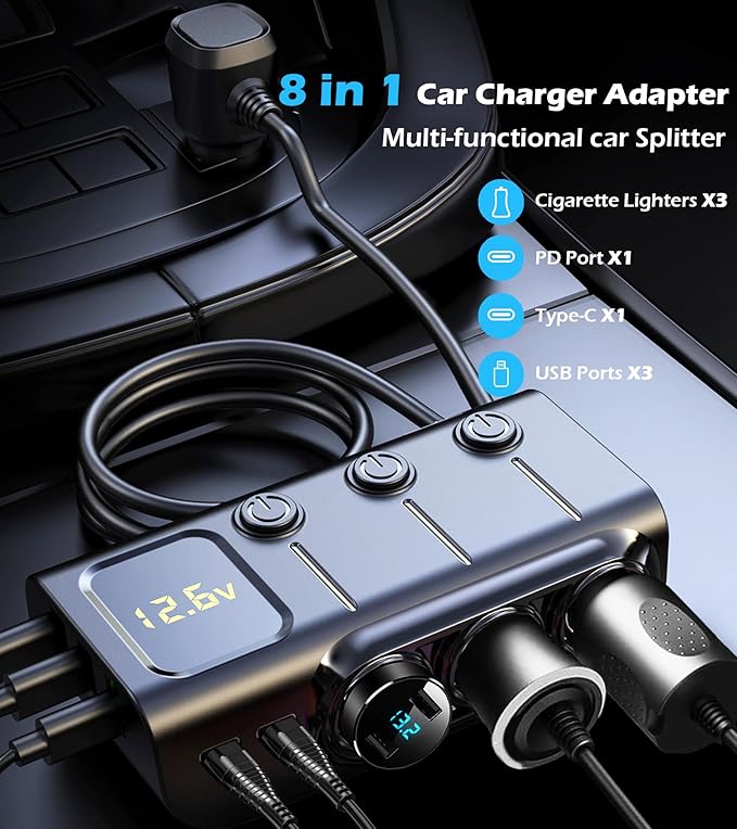 8 in 1Cigarette Lighter Splitter,LIHAN 3 Expander Socket Car Charger Adapter & 5 USB Ports(Type-C PD36W/QC3.0),12V/24V Plug,120W Outlet with LED Voltmeter,3.3FT Cable for Car,Truck,SUV,RV,Camping