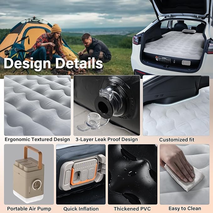 Coverado Tesla Model Y Air Mattress, One Click Self Inflating Tesla Y Sleeping Pad, Wireless Pump & Light Function, 4.5" Thick Comfort Flocking Model Y Air Bed, Tesla Model Y Mattress Fit 2020-2026