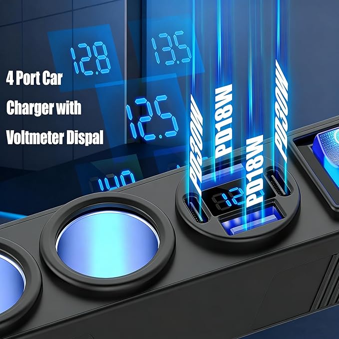 12V Cigarette Lighter Splitter with 10FT/3M Cable, 180W Car Charger Socket Multi 4 USB Port Adapter with LED Display Master and Independent Switch, 12 Volt Power Outlet Plug with Eyelet Terminal