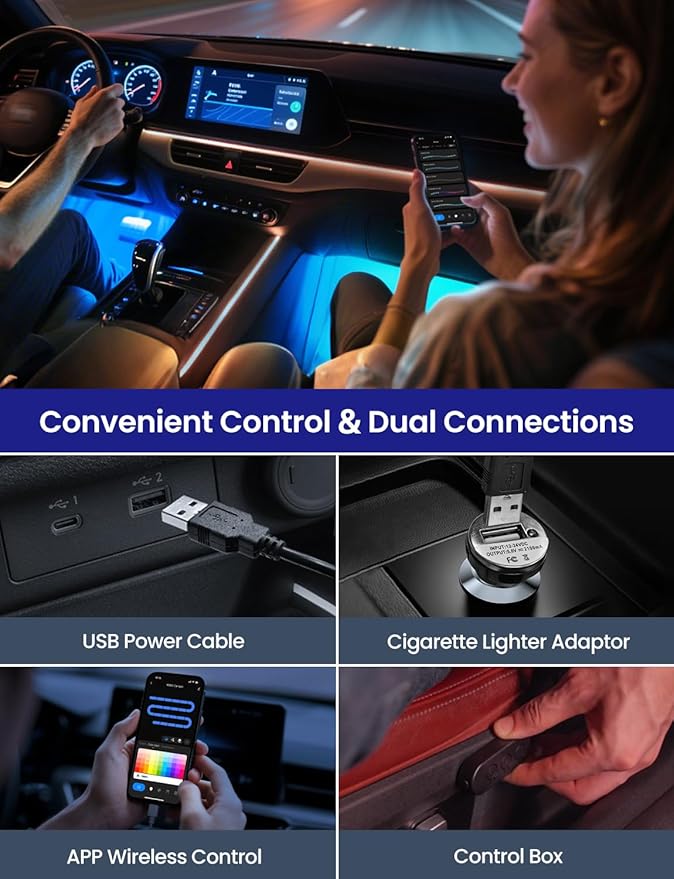RGB+IC Car LED Lights, Smart 72 LED Car Interior Lights with App Control, 16 Million Colors Under Dash Light with Music Mode, Scene Mode, 2 Lines Design Light for Cars SUVs Trucks with Car Charger