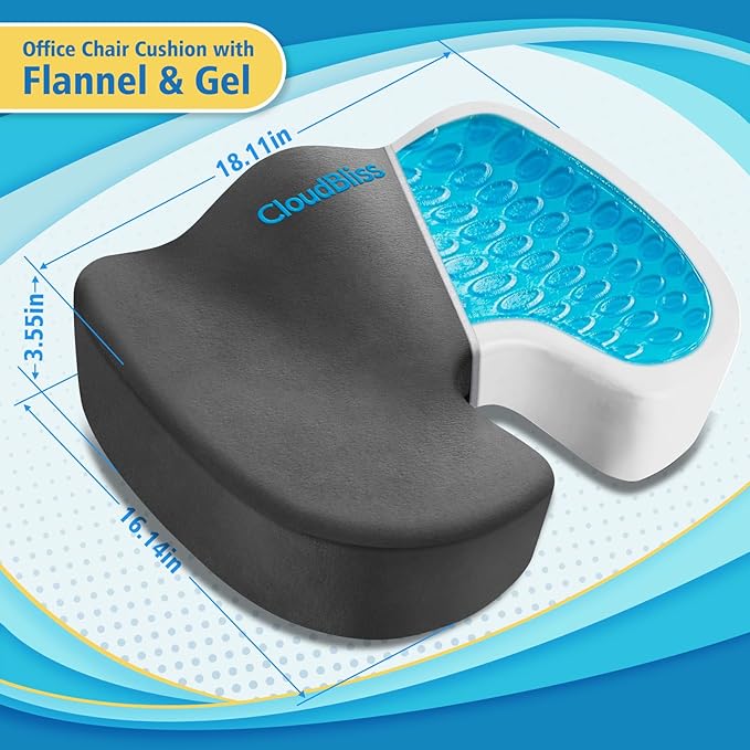 CloudBliss Gel Seat Cushion - Cooling Gel Enhanced, Memory Foam, Ergonomic Seat Cushion for Long Sitting for Office, Game, Car, Airplane (X-Large, Grey)