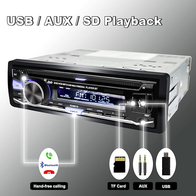 Single Din Car Stereo with CD/DVD Player | Bluetooth | FM/AM/RDS Radio | USB SD AUX Audio Receiver