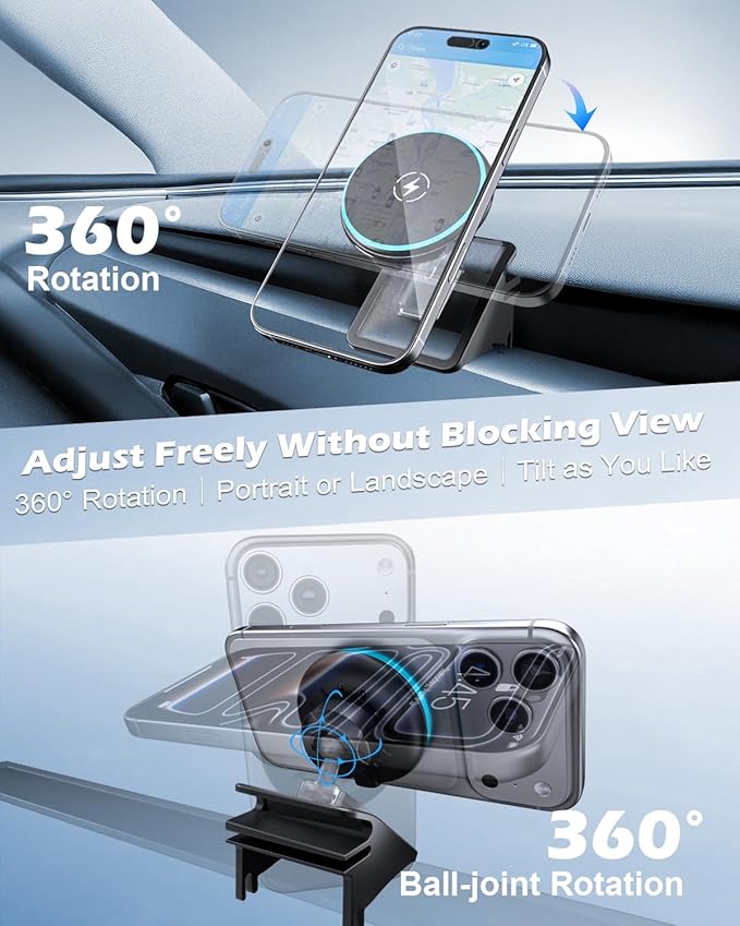 CloudValley Magnetic Qi2 15W Wireless Charger Phone Mount for Tesla Model 3 Highland Model Y Juniper, Strong Grip, 360° Adjustable, Dashboard Car Charger Holder 2025, Design for iPhone MagSafe 17-12