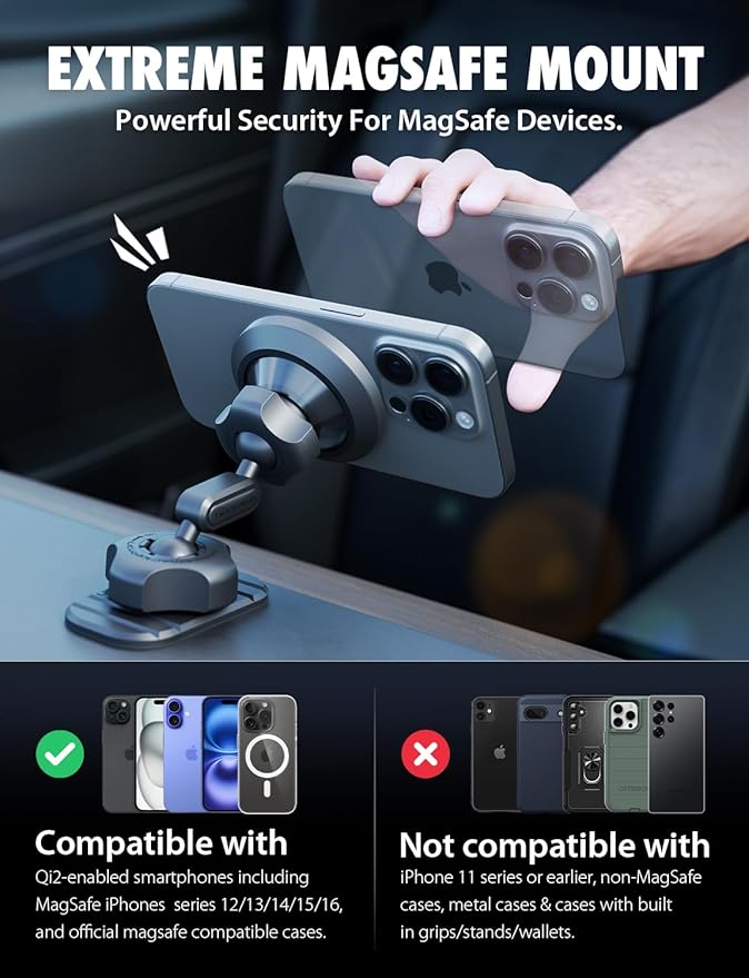 Bracketron MagAlign Pro MagSafe Car Mount Vent & Dash - Magnetic Phone Holder for Car Vent, Air Vent Phone Mount with 360° Rotation, One-Handed Operation for All Phones