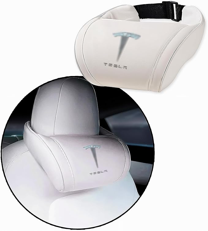 Car Headrest Neck Pillow Support Ergonomic, with Valve Stem Covers Accessory for Driving Seat Fatigue Relief Compatible with Model S X 3 Y & Cybertruck - 1 Piece