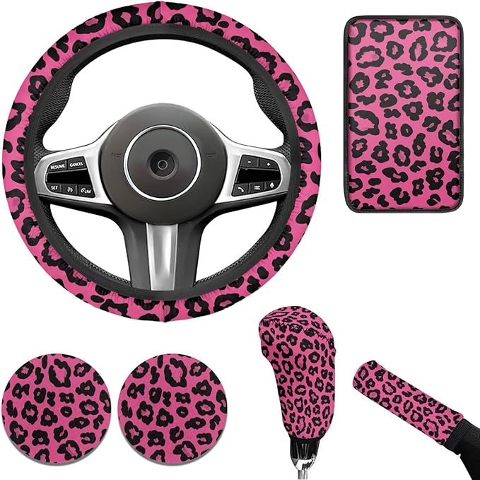Pink Leopard Print Steering Wheel Covers Set for Women Car Interior Decor Cup Coaster Handbrake Cover Suit for Most Cars Truck Vans SUV-6 Pcs