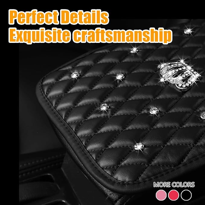 Mandark Bling Car Center Console Cover, Rhinestones Crown Vehicle Armrest Seat Box Mat Pad, Diamond Automotive Interior Arm Rest Cushion Protector Decor Accessories, Universal Fit(Black)