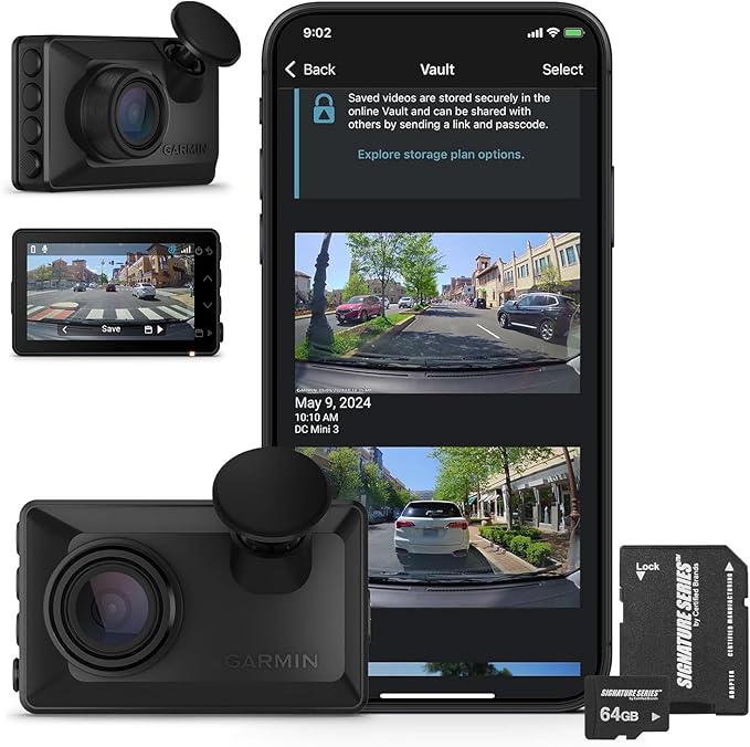 Garmin Dash Cam X110 Compact 1080p HD Camera | 140° FOV, Clarity Polarizer, Voice Control, GPS, 2.4" Display, Automatic Incident Detection Recording | Signature Series 64GB Micro SDXC Card
