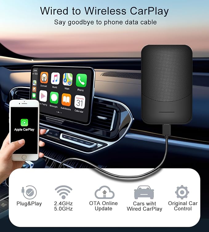 Wireless Carplay Adapter for Car, 2025 Wireless Carplay Bluetooth Adapter Plug&Play Original Car Wired CarPlay to Wireless Low Latency High Stability Compatible with iPhone ios10+