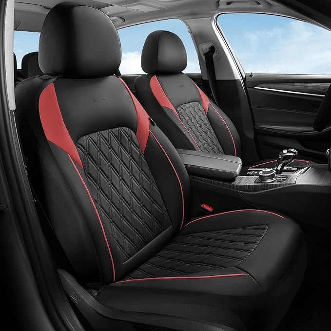 Coverado Car Seat Covers Full Set, Leather Seat Covers, Automotive Seat Covers for Cars, Car Seat Covers Front Seats Back, Car Seat Protector Car Seat Cushion Universal Fit Most Cars Trucks, Black&Red