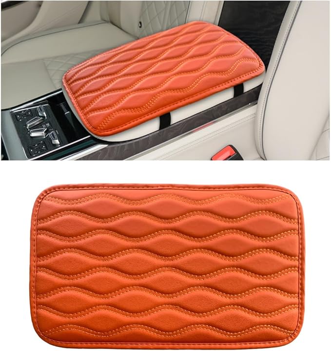 Car Center Console Cushion Pad, 12.48×7.40 Inches Waterproof Car Armrest Seat Box Cover, Comfortable PU Leather Vehicle Armrest Cover Protector, Car Decor Interior Accessories (Orange)
