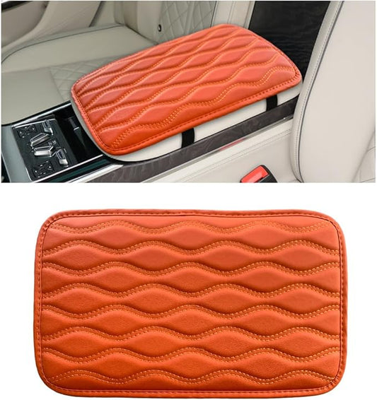 Car Center Console Cushion Pad, 12.48×7.40 Inches Waterproof Car Armrest Seat Box Cover, Comfortable PU Leather Vehicle Armrest Cover Protector, Car Decor Interior Accessories (Orange)