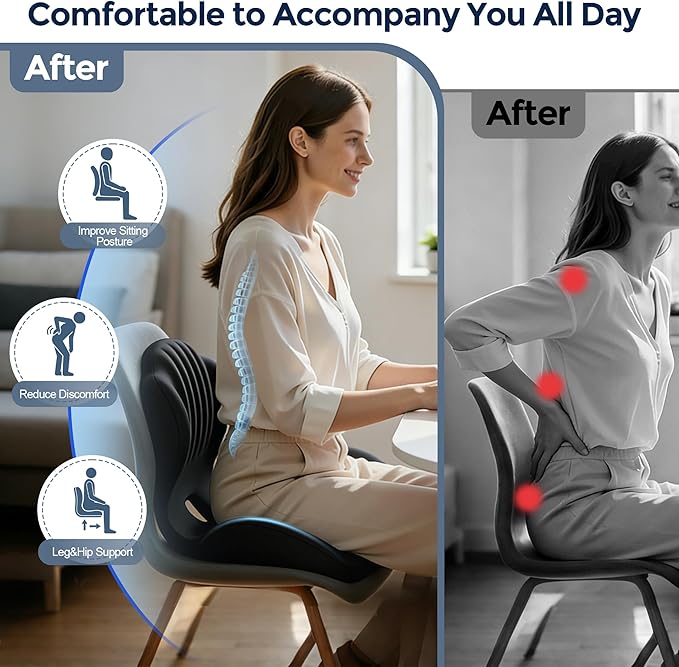 Seat Cushion for Office Chair and Car, L-Shaped Ergonomic Seat Cushions,Memory Foam Orthopedic Cushion with Coccyx Hollow,Lumbar Support & Tailbone Pain Relief for Car, Truck, Home,Gaming Chair,Black