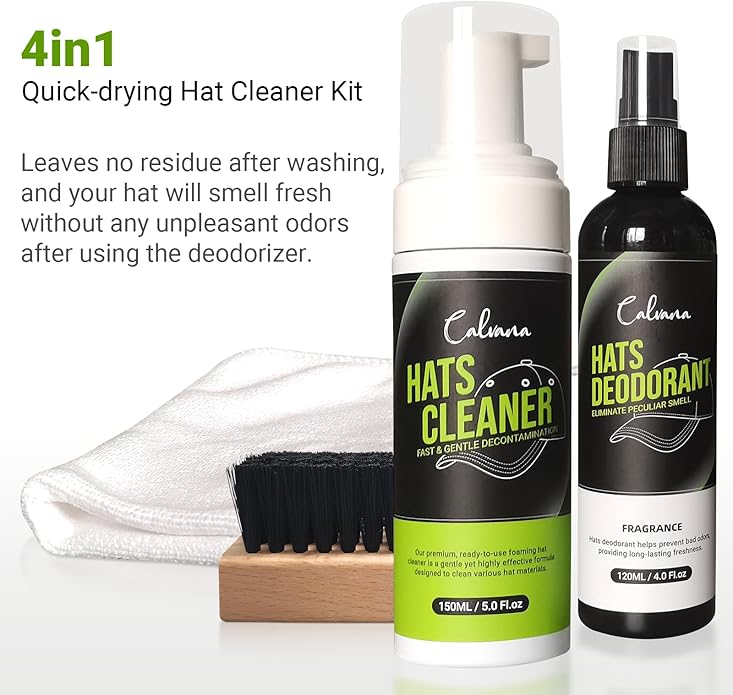 Calvana 4-in-1 Professional Hat Cleaning Kit, Quick-drying Cap Saver Cleaner, for Baseball Caps,Cowboy Hat, Felt Hat, Safe for Cotton, Wool, Polyester, 5oz Solution, Includes Towel and Brush