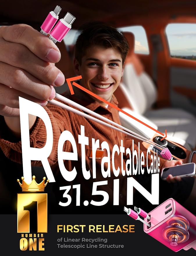 LISEN Retractable Car Charger, 84W Fast Charging Car Phone Charger, Car Charger USB C Truck Accessories, Road Trip Essentials Pink Car Acessories for Men Women for iPhone 17 16 15 14 13 12 Samsung S26