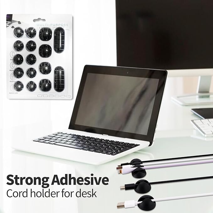 Adhesive Cable Clips Organizer 16 Pack Black Cord Holders for Desk Under Computer, Strong Sticky Wire Management Clips for Home Office TV Car Mouse Nightstand Accessories