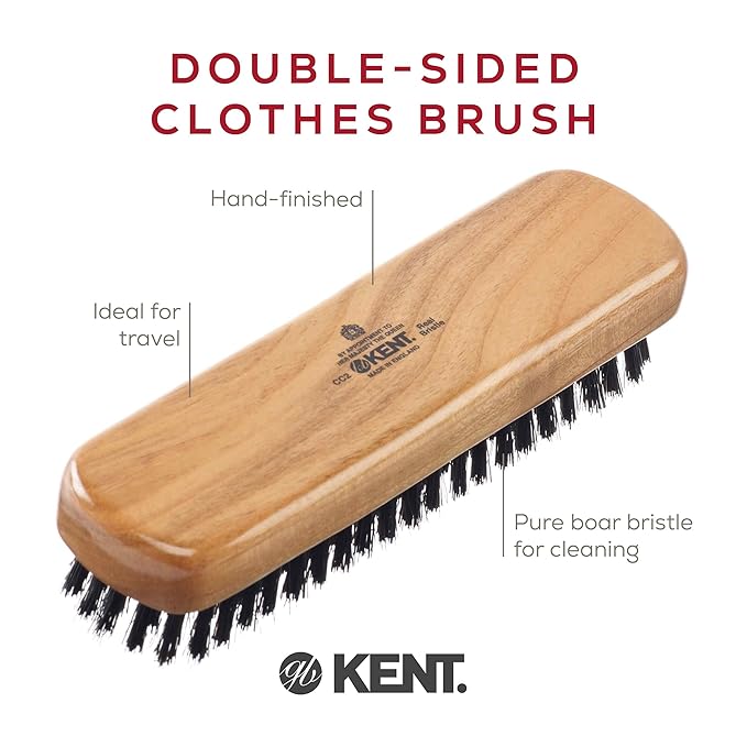 Kent CC2 Finest 100% Handcrafted Clothes Brush: Black Boar Bristle & Nylon Mix with Cherrywood Handle - Travel-Size Lint/Fuzz Remover for Cashmere, Wool, Silk; Suede Brush & Pet Hair Lint Roller