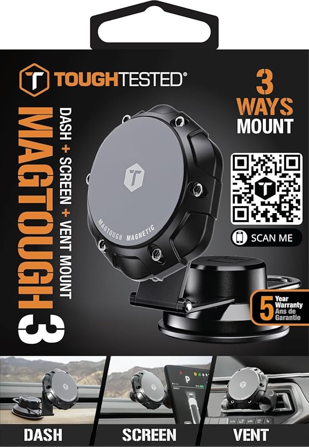 ToughTested MagTough 3-in-1 MagSafe Car Mount - Heavy Duty Magnetic Phone Holder for Truck, Dashboard, Windshield & Vent - 360 Rotation Foldable Support Legs - Universal Fit for iPhone & Android