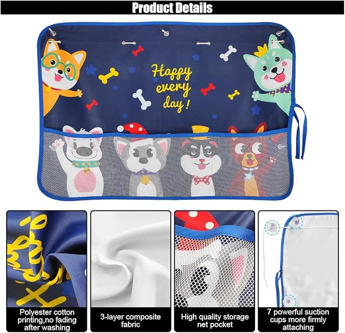 Car Window Shade for Baby, Blackout Car Window Curtain with Storage Pockets & 7 Suction Cups, Cartoon Pattern Cars Side Window Sun Shade Cover for Sun/Heat/UV Rays Protection (Blue-Cute Dogs)