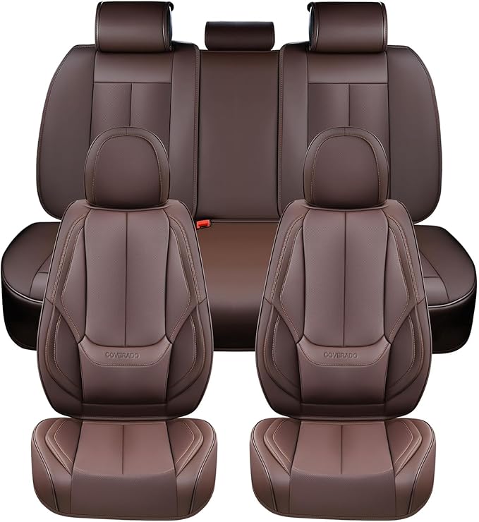 Coverado Seat Covers, Car Seat Covers Full Set, Leather Seat Covers for Cars, Car Seat Protector, Car Seat Covers Front Seats and Back Seats Universal Fit for Most Cars Brown