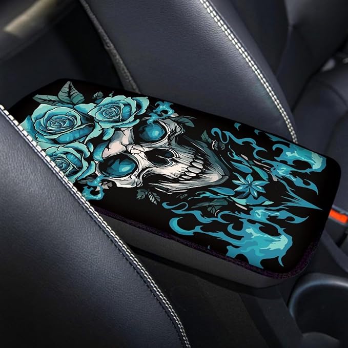 Dreaweet Teal Rose and Skull Center Console Cover Halloween Car Accessories for Women Interior Soft Comfort Vehicle Center Console Armrest Cover Pad Universal Fit Most Cars SUV Sedan