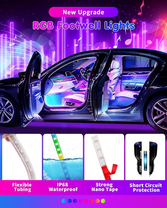 DUOFU365 Car Led Light Interior, RGB Dreamcolor Inside Car Light Music Sync, Under Dash Footwell automotive Strip Light, 12V Acrylic Strip Light for Vehicle, Truck,Jeep, SUV with Car Charger(1set)