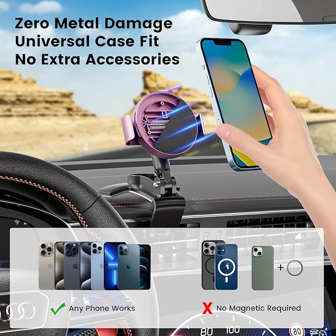 Phone Clamp for Magnetic Car Phone Holder, Aviation Aluminum Rose Gold - No Magnetic Case & Rings Needed, Enhanced Suction & Magnetic, Compatible with All Magnetic Holders