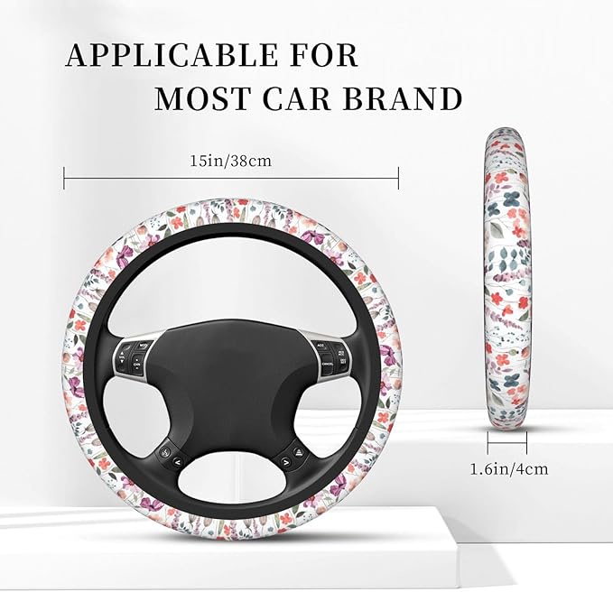 Nature Flowers Steering Wheel Cover for Women Elastic Rubber Steering Wheel Universal 15 Inch Fit for Cars, Auto, SUVs