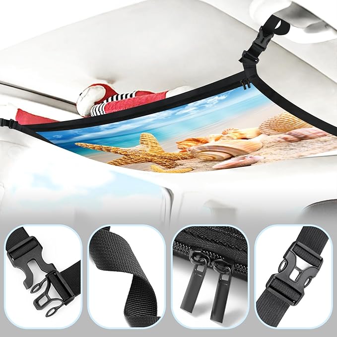 Starfish Car Storage Mesh Organizer Ceiling Cargo Net Double-Layer Adjustable Zipper Truck SUVs Travel Road Trip Essentials etc. Interior Organizer