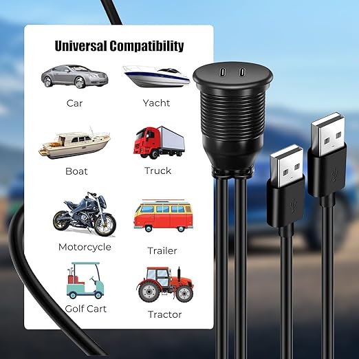 Dual Port USB A 2.0 Male to USB C 2.0 Female Extension Cable,Flush Mount Waterproof Panel Cable for Car,Truck,Boat,Motorcycle Dashboard 3.3ft