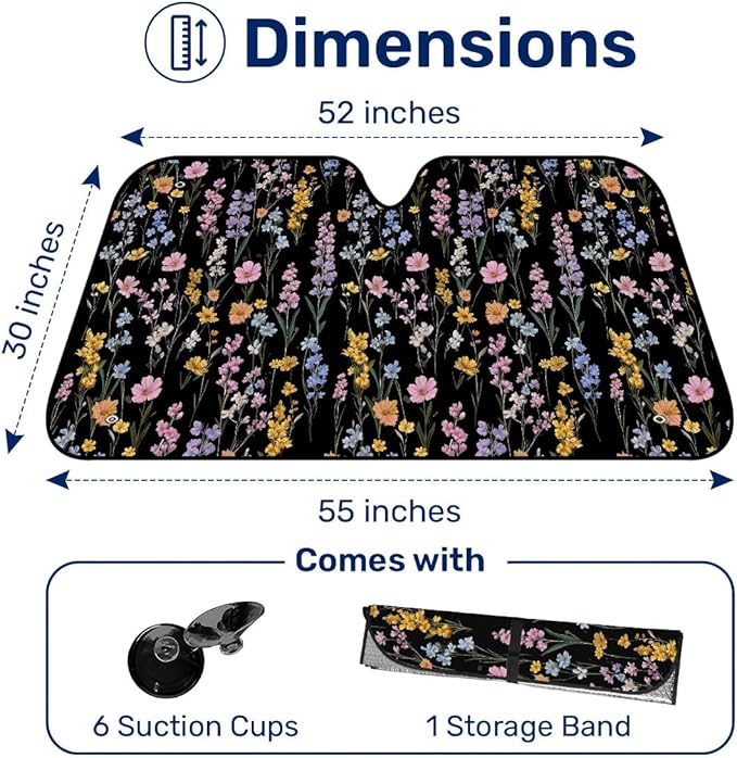 GENANY Floral Windshield Sun Shade for Car SUV Truck (55x30 Inches), Front Window Visor for Windows, Protector Blocks UV