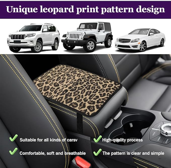 Leopard Cheetah Print African Animal Hunting Auto Center Console Armrest Pad, Car Center Console Cover, Auto Accessories Soft Comfort Armrest Cover Cushion Mat Fit for Most Cars (Gold)