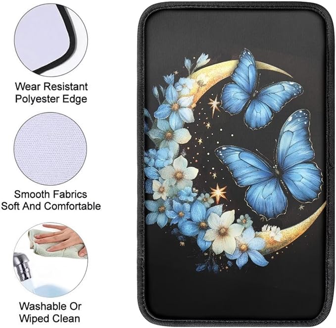 UNICEU Blue Flower Butterfly Armrest Cover Pad for Car Interior Set Soft Car Center Console Armrest Cushion Cover for Vehicle SUV Truck Car Butterfly Car Accessory for Women