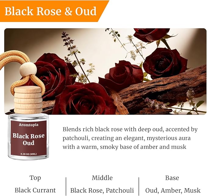 Car Air Freshener Hanging, Aromtopia Car Fragrance Diffusers, Black Rose & Oud Scents, Long-Lasting, Car Odor Eliminator for Women & Men Gift, Cute Car Accessories, Pack of 2