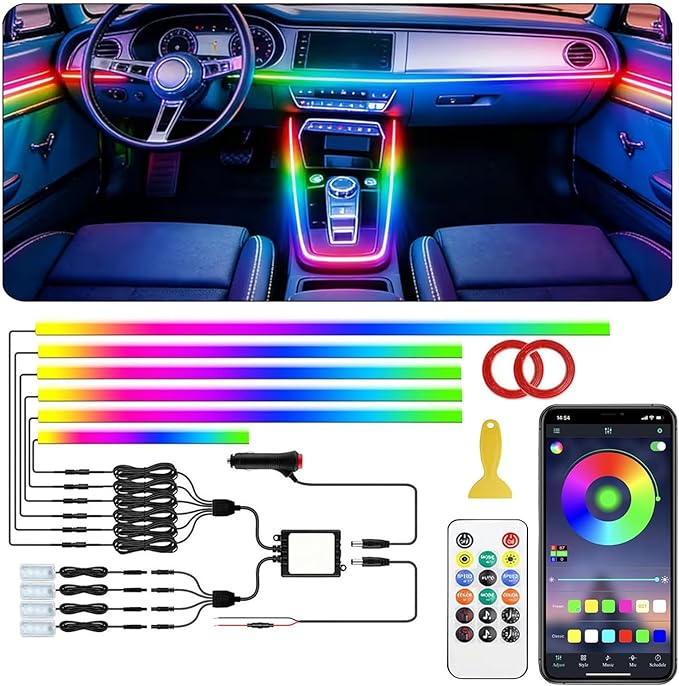 Acrylic Interior Car LED Strip Light with APP Remote Control,175 inches 10 in 1 RGB Dreamcolor Neon Strip Fiber Optic LED Ambient Lighting Kits,RGB Music Lights Sync for Inside car Decorations