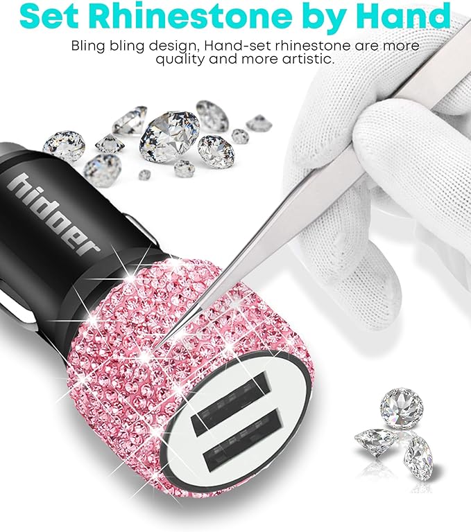 Bling USB Car Charger 5V 2.4A Pink Crystal Decor Dual Port Fast Adapter with 4ft Nylon Type C Micro USB 3 in 1 Multi Charging Cable for iPhone iPad Android, Auto Interior Accessories for Women
