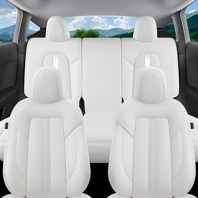 AOMSAZTO Car Seat Cover Fit for Tesla Model Y 2020 2024 - Half Surrounded Customized White Seat Covers(White with Stripe)