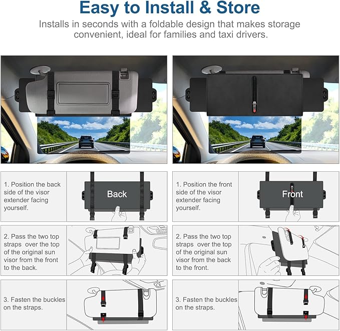 Veharvim Sun Visor Extender for Car (Polarized, UV400, Zipper Slider, 2 Side Sunshade, PC Lens) Visor Extender Attachment for Car Visor, Anti-Glare for Safe Driving