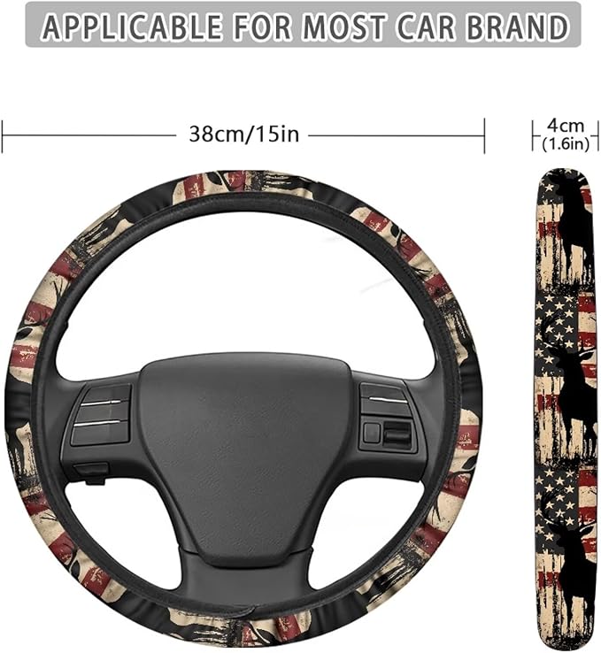 SEANATIVE Deer American Flag Car Steering Wheel Cover for Women Breathable Anti Slip Auto Steering Wheel Covers fit Standard Size 15inches