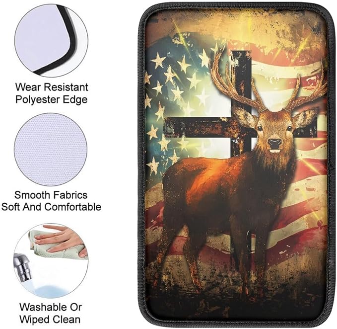 Suobstales Deer Cross American Flag Print Car Armrest Pad Soft Center Console Arm Rest Protector Cover Universal Car Interior Accessories Decoration