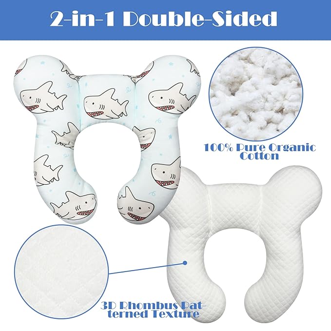 Baby Head Support Pillow for Newborn Toddler, Baby Neck Pillow Upgraded Comfortable Sleep Cushion for Car Plane Stroller Pushchair - Shark A