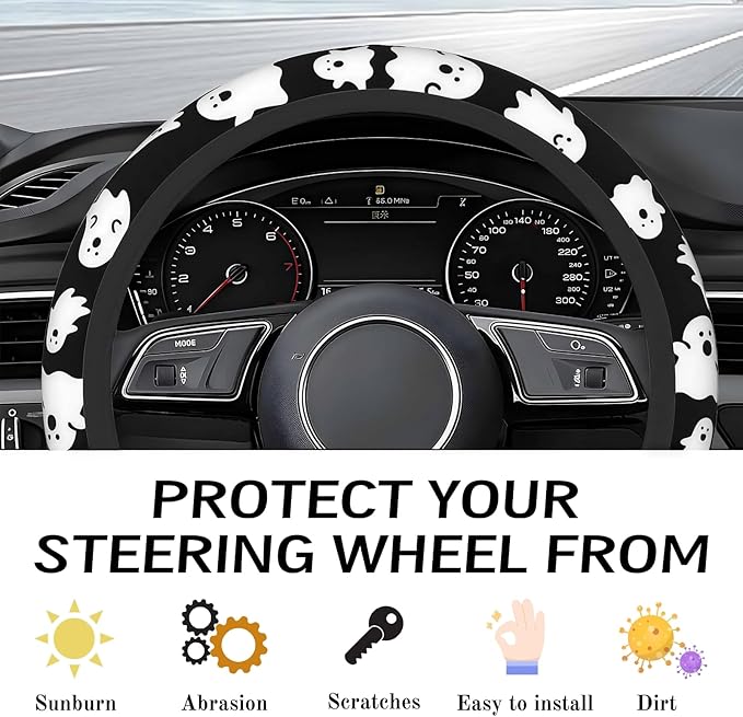 Steering Wheel Cover Accessories Neoprene Cover, Breathable Non-Slip Easy to Install Suitable for Women Men, 14.5-15.5 Inch for Car SUV Van Truck Universal - Ghost
