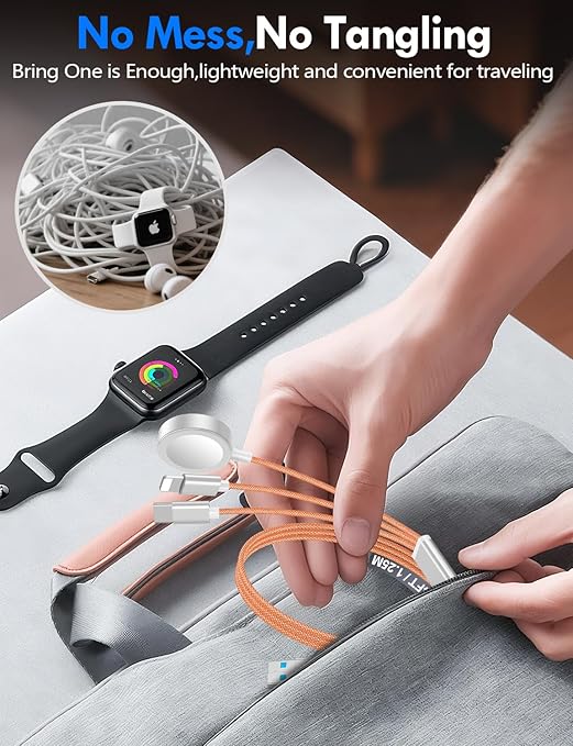 2Pack Multi Charging Cable Cord for Travel Essentials,Apple Watch Charger,iPhone Charger,[3-in-2] Type C/L Cable Portable Designed for iWatch,iPhone 17-8,Galaxy S25-21,AirPods,iPad-4FT Orange
