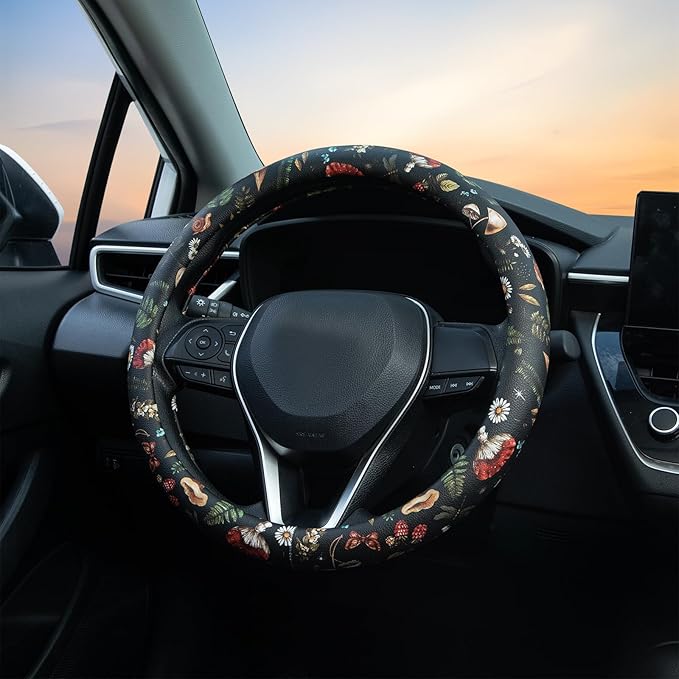 Mushroom Steering Wheel Cover Auto Leather Steering Wheel Protector, Anti-Slip, Breathable, Absorbing Sweat, Universal Mushroom Car Accessories 14.5–15 inch,Fit for Most Car, Trucks, SUV