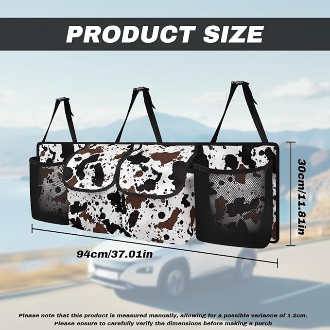 Cow Print Car Organizers and Storage Trunk Backseat Hanging Cargo Storage Bag with 2 Large Net Pockets 2 Magnetic Cover Foldable Capacity Car SUV Organizer