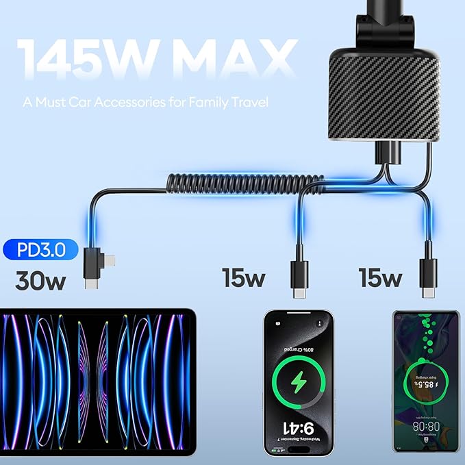 180W Retractable Car Charger Cigarette Lighter Splitter, Fast Charging Socket with Replaceable Fuse, Dual Cables for Type-c&Lightning Cord Fits for Dash Cam/Laptop/iPad/iPhone/Galaxy