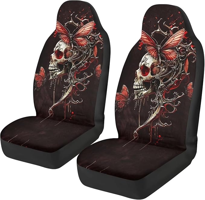 Skull Butterfly Car Seat Covers Comfortable Front Car Seat Covers Elastic Fabrics Cars Interior Automotive Easy Installation Universal Fit Most Cars,SUV, Trucks