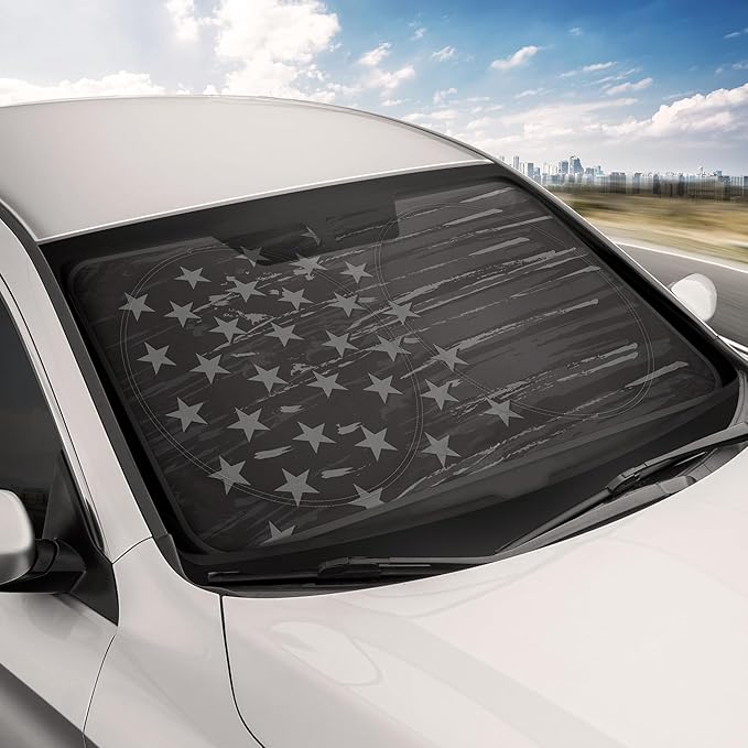 Motor Trend USA Vintage Flag Car Windshield Sun Shade for Front Window, Foldable Car Sun Shade with Patriotic Graphic, Collapsible Sun Visor Sunshade for Cars Windshield (Large, 69 x 35 inches)