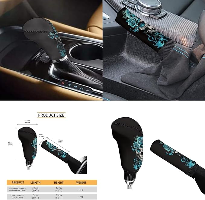 Green Rose Flower Car Accessories 6 Pcs Sets Skull Print Car Steering Wheel Cars Funny Cars Armrest Cover Handbrake Cover Auto Interior Sets